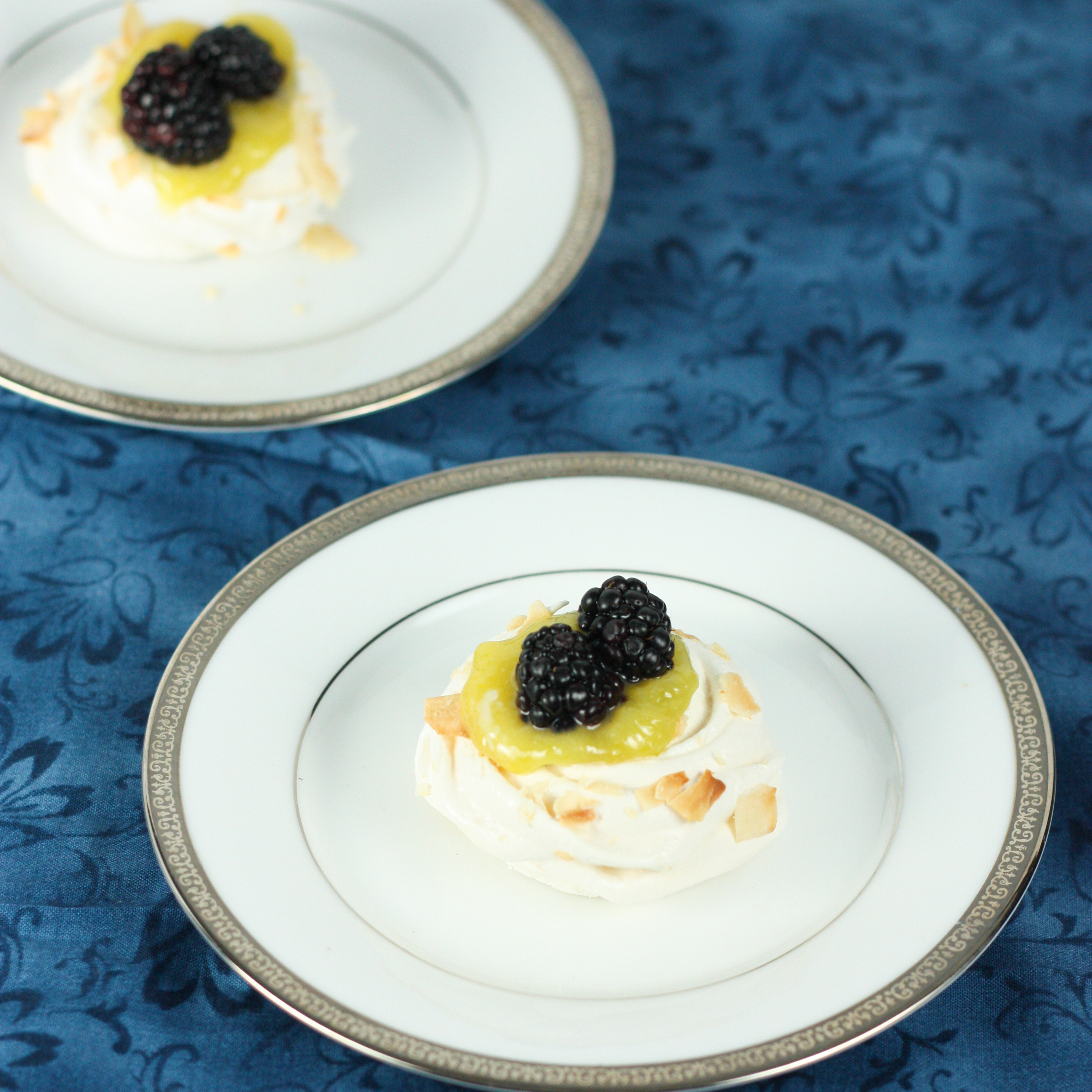 Coconut Meringue Nests with Lime Curd and Blackberries